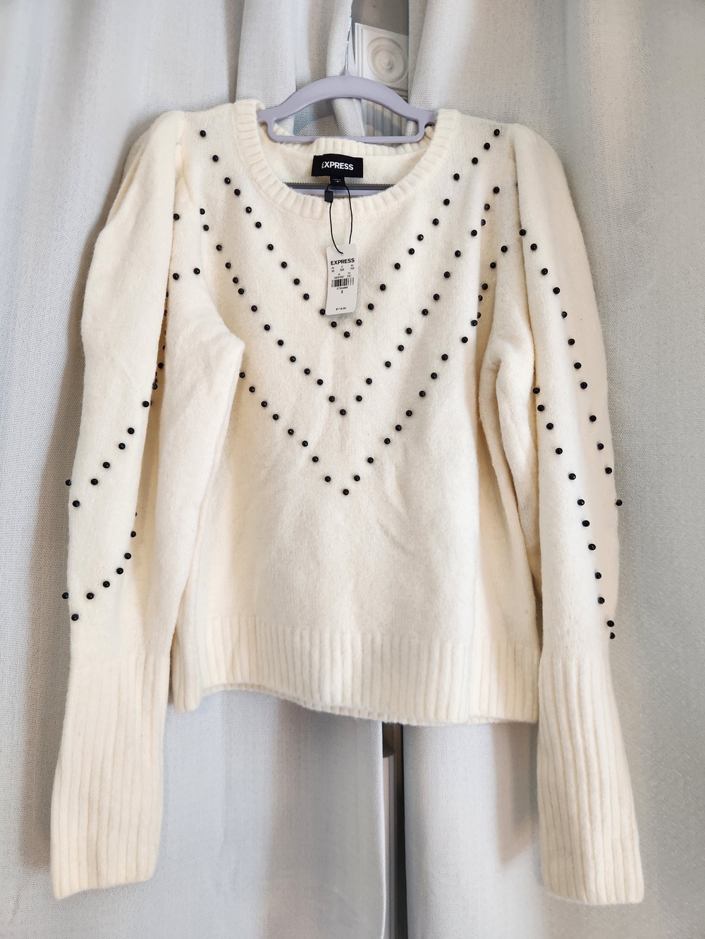 New Express Women's Black Beaded White Sweater With Chic Puff Sleeves, Small